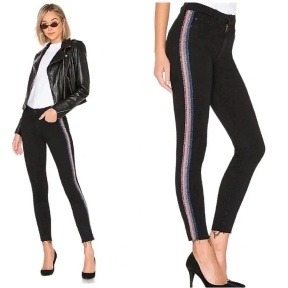 Mother Black High Waisted Looker Ankle Fray Guilty Glitter Racer Jean‎ Size 24
